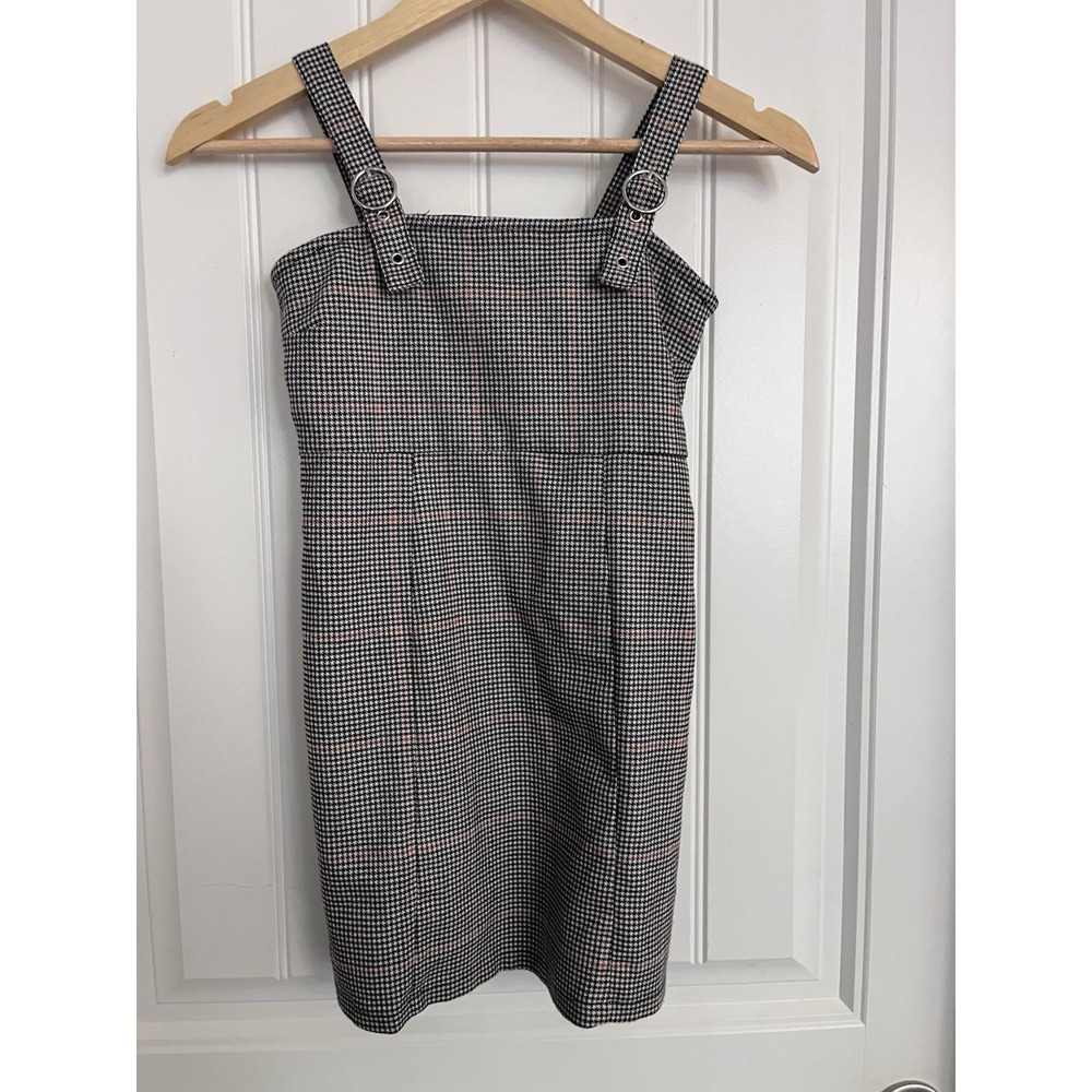 Forever 21 Girls‎ 9/10 Cream Black Houndstooth Jumper Overall Dress School 431